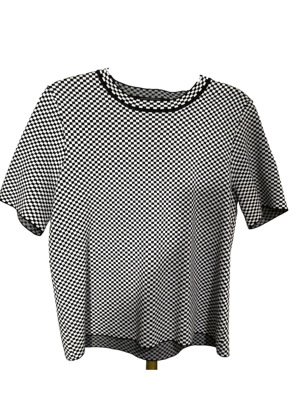 Adrianna Papell  Women's Black White Checkered Knit Top Short Sleeve Sz S Preppy